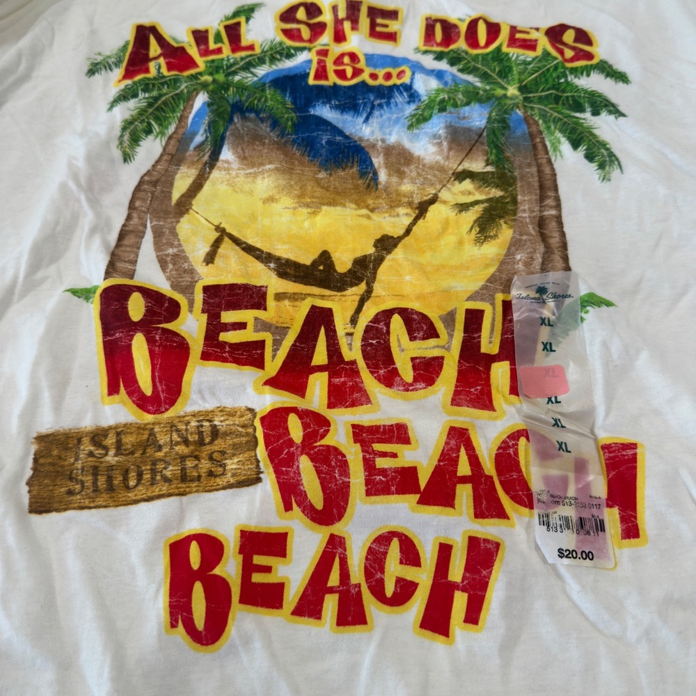 Island Shores Beach Graphic T-Shirt White 100% Cotton Souvenir XL Men's